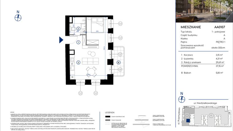 Rzut - Mieszkanie na sprzedaż 1 pokój o powierzchni 37,15 m² - numer AA0107 w Niedziałkowskiego Park