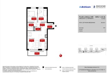 Rzut - Mieszkanie na sprzedaż 3 pokoje o powierzchni 64,48 m² - numer WR3 1/3/6/3k w Przystań Reymonta etap II