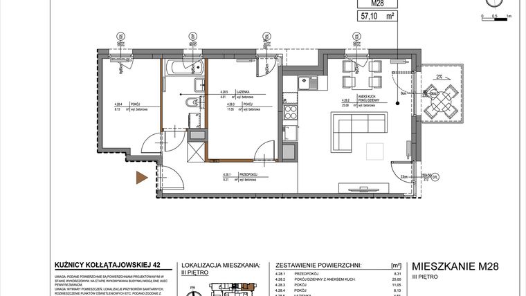 Rzut - Mieszkanie na sprzedaż 3 pokoje o powierzchni 57,1 m² - numer M28 w Kuźnicy Kołłątajowskiej 42