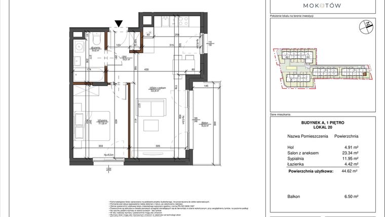 Rzut - Mieszkanie na sprzedaż 2 pokoje o powierzchni 44,62 m² - numer 20 w Aura Mokotów II