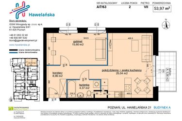 Rzut - Mieszkanie na sprzedaż 2 pokoje o powierzchni 54,27 m² - numer A/7/63 w Osiedle Hawelańska etap III - bud. A