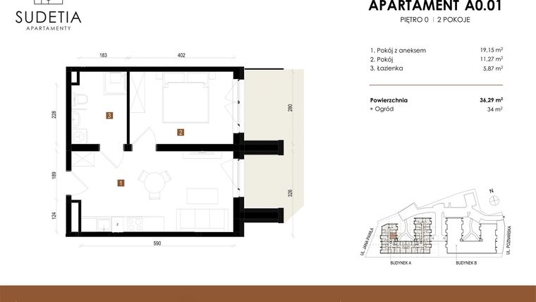 Rzut - Mieszkanie na sprzedaż 2 pokoje o powierzchni 36,29 m² - numer A 0.01 w Apartamenty Sudetia