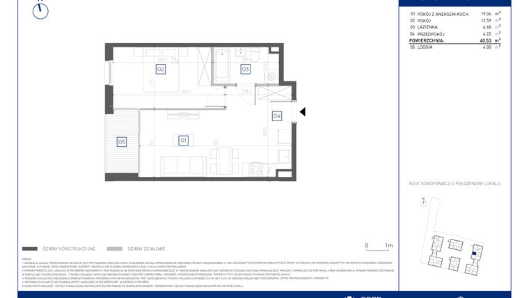Rzut - Mieszkanie na sprzedaż 2 pokoje o powierzchni 40,53 m² - numer 1.1.5 w Atria Nowe Żerniki