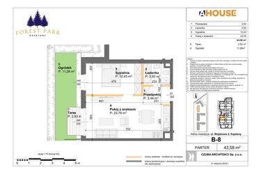 Rzut - Mieszkanie na sprzedaż 2 pokoje o powierzchni 43,58 m² - numer B.8 w Forest Park Kajetany