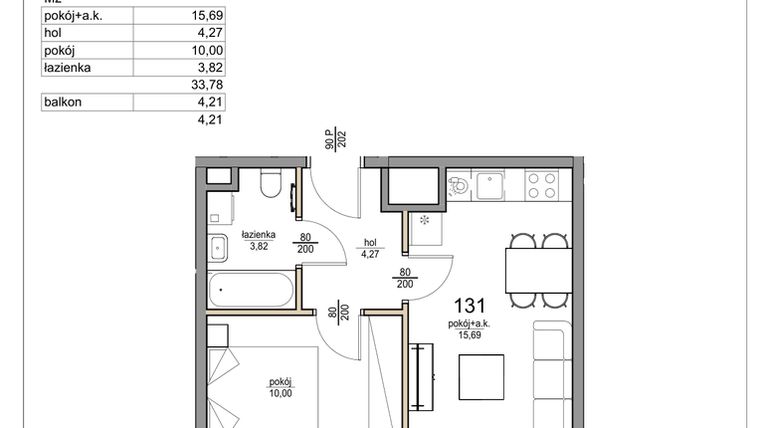 Rzut - Mieszkanie na sprzedaż 2 pokoje o powierzchni 33,78 m² - numer 131 w Rezydencja Liwska 3