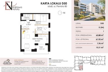 Rzut - Mieszkanie na sprzedaż 3 pokoje o powierzchni 61,96 m² - numer D50 w Enklawa Natury