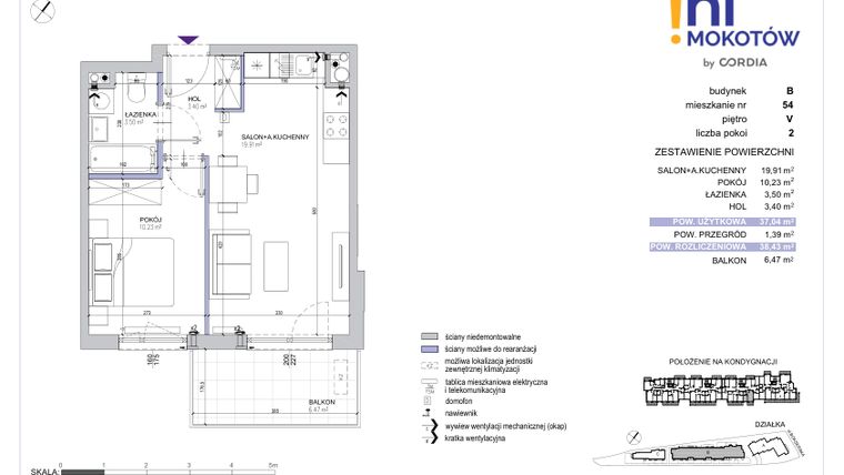 Rzut - Mieszkanie na sprzedaż 2 pokoje o powierzchni 38,43 m² - numer A1.B.54 w Hi Mokotów