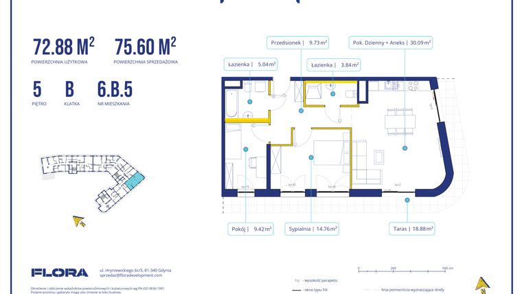 Rzut - Mieszkanie na sprzedaż 3 pokoje o powierzchni 72,88 m² - numer 6B5 w Piotra 4