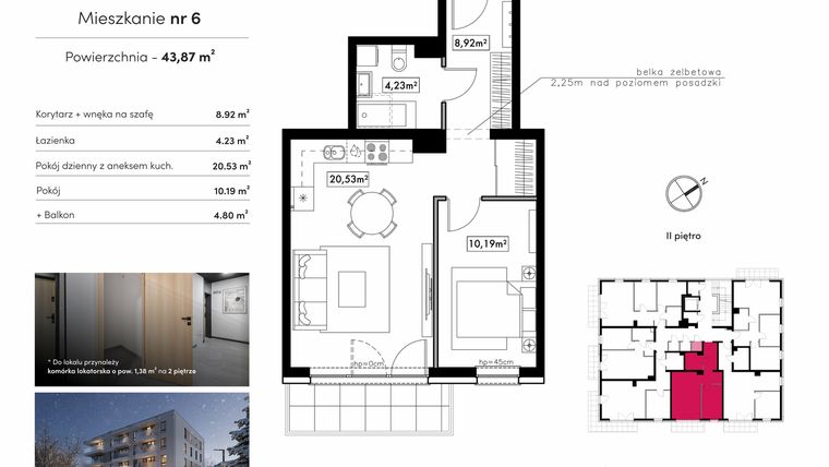 Rzut - Mieszkanie na sprzedaż 2 pokoje o powierzchni 43,87 m² - numer M6 w Novum Rumia - bud. 15
