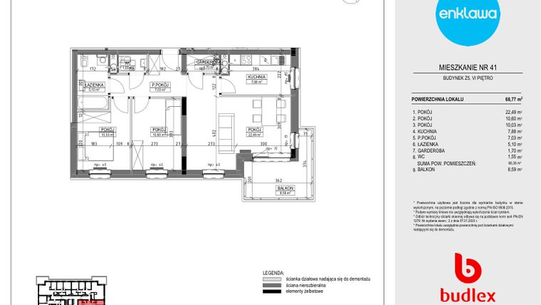 Rzut - Mieszkanie na sprzedaż 3 pokoje o powierzchni 67,73 m² - numer Z5.41 w Enklawa Apartamenty Z4 i Z5