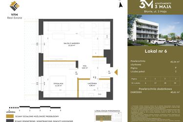 Rzut - Mieszkanie na sprzedaż 2 pokoje o powierzchni 45,34 m² - numer 6 w Apartamenty 3 Maja