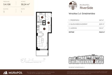 Rzut - Mieszkanie na sprzedaż 1 pokój o powierzchni 30,2 m² - numer 3.A.1.08 w Murapol RiverSide