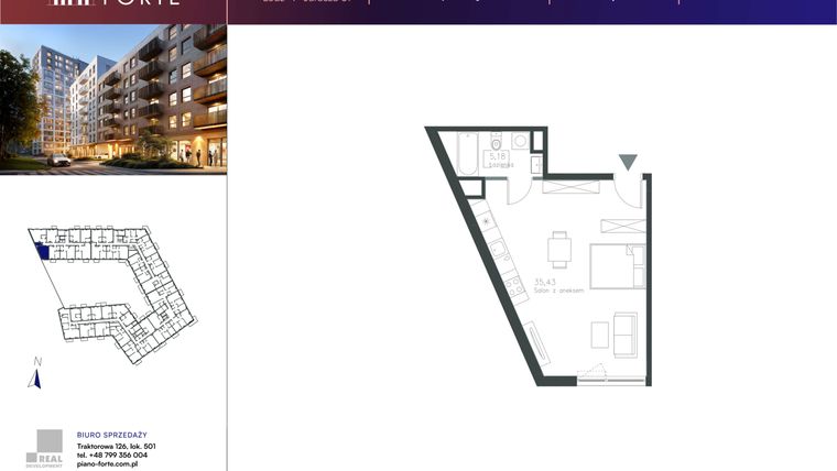 Rzut - Mieszkanie na sprzedaż 1 pokój o powierzchni 40,61 m² - numer A.2.14 w Piano