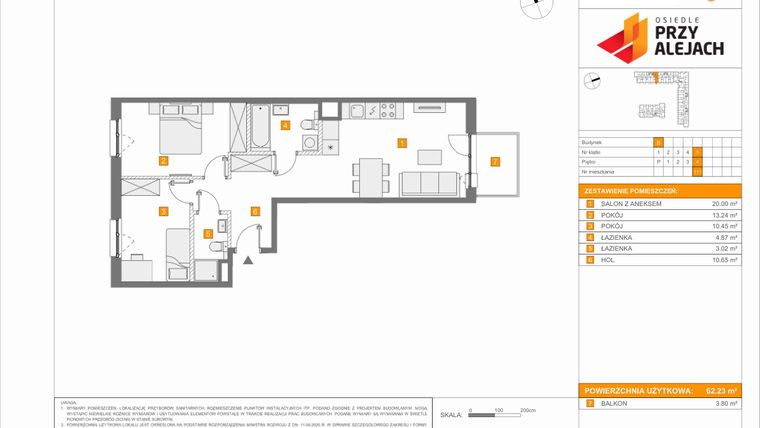 Rzut - Mieszkanie na sprzedaż 3 pokoje o powierzchni 62,23 m² - numer B111 w Osiedle Przy Alejach etap 2