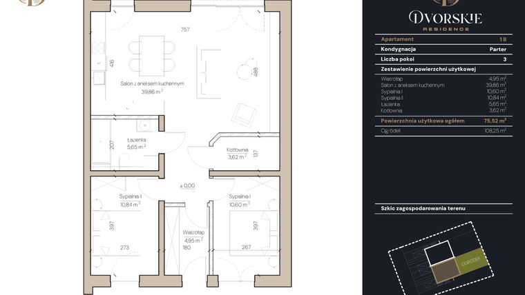 Rzut - Mieszkanie na sprzedaż 3 pokoje o powierzchni 75,52 m² - numer 1B w Dvorskie Residence