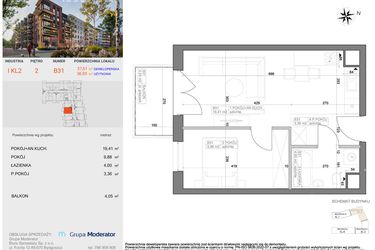 Rzut - Mieszkanie na sprzedaż 2 pokoje o powierzchni 36,65 m² - numer I-B31 w Industria etap I-B