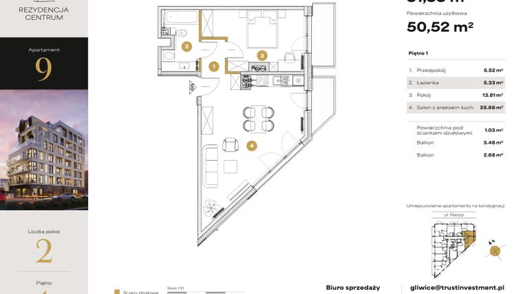 Rzut - Mieszkanie na sprzedaż 2 pokoje o powierzchni 51,55 m² - numer 9 w Rezydencja Centrum
