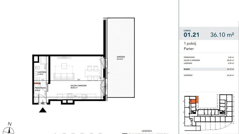Rzut - Mieszkanie na sprzedaż 1 pokój o powierzchni 35,96 m² - numer 01.21 w Czysta 4