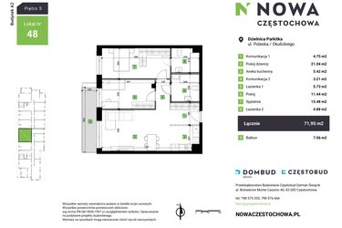 Rzut - Mieszkanie na sprzedaż 3 pokoje o powierzchni 71,95 m² - numer A2-48 w Nowa Częstochowa