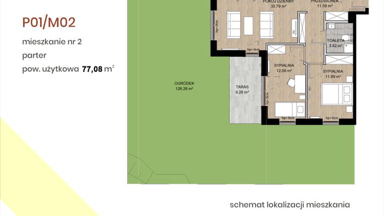 Rzut - Mieszkanie na sprzedaż 3 pokoje o powierzchni 77,08 m² - numer P01/M02 w Park Gutenberga