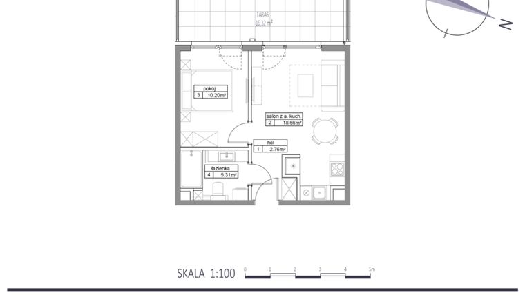 Rzut - Mieszkanie na sprzedaż 2 pokoje o powierzchni 36,93 m² - numer E4 w Apartamenty na Klifie bud. D, E i F