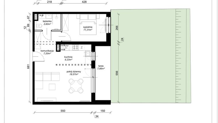 Rzut - Mieszkanie na sprzedaż 2 pokoje o powierzchni 47,91 m² - numer F.0.05.2k w Art.Teo etap 3