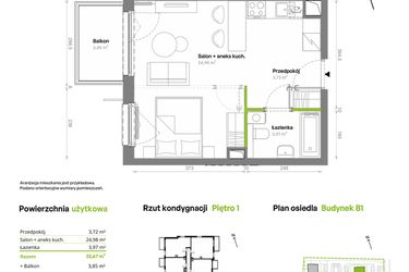 Rzut - Mieszkanie na sprzedaż 1 pokój o powierzchni 32,67 m² - numer B1.01.19 w Południe Vita