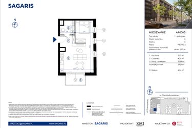Rzut - Mieszkanie na sprzedaż 1 pokój o powierzchni 39,21 m² - numer AA0305 w Niedziałkowskiego Park