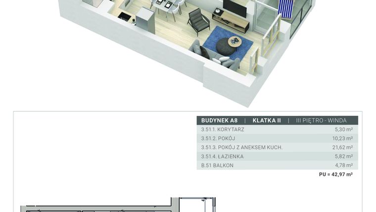 Rzut - Mieszkanie na sprzedaż 2 pokoje o powierzchni 42,97 m² - numer A.8.M51 w Sobola Biel A8