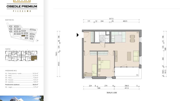 Rzut - Mieszkanie na sprzedaż 3 pokoje o powierzchni 58,53 m² - numer B1.2 w Osiedle Premium etap IV