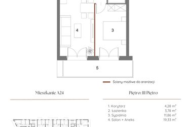 Rzut - Mieszkanie na sprzedaż 2 pokoje o powierzchni 39,96 m² - numer A24 w Dąbrowskiego 9