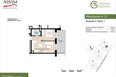 Rzut - Mieszkanie na sprzedaż 2 pokoje o powierzchni 35,05 m² - numer A13 w Wzgórze Gustawa