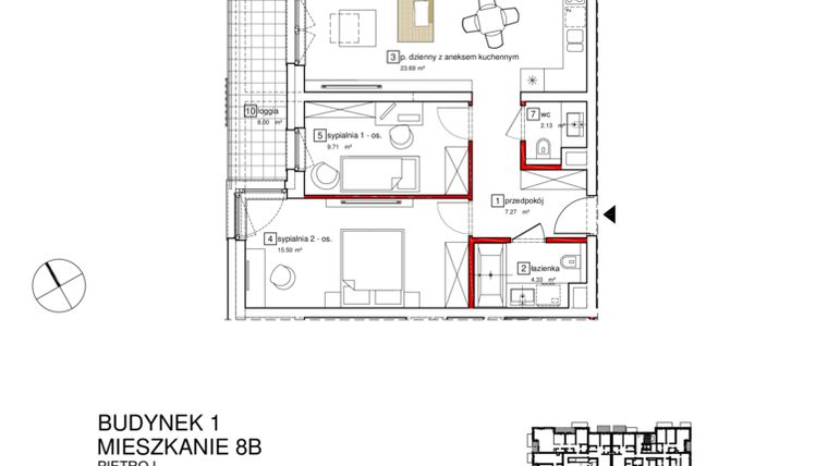 Rzut - Mieszkanie na sprzedaż 3 pokoje o powierzchni 64,56 m² - numer B1.B.1.008 w Apartamenty Karolinki