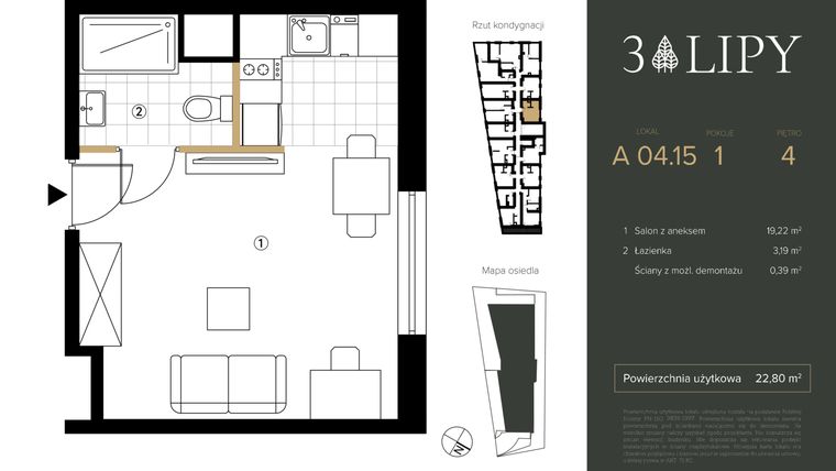 Rzut - Mieszkanie na sprzedaż 1 pokój o powierzchni 22,8 m² - numer A.04.15 w 3 lipy