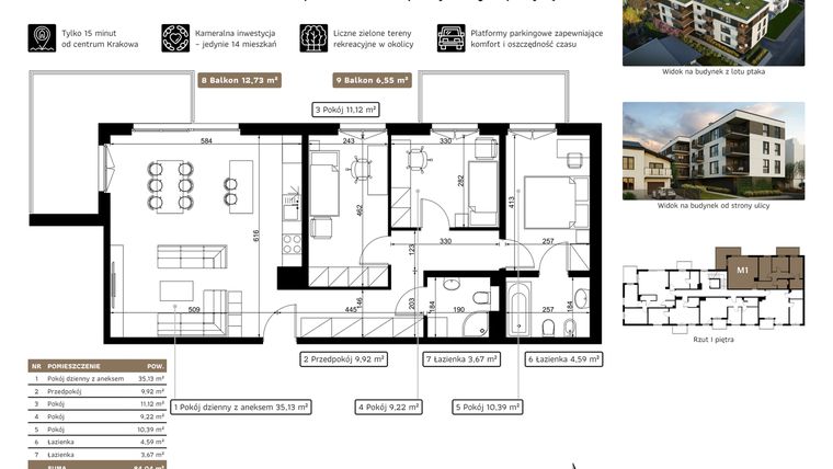 Rzut - Mieszkanie na sprzedaż 4 pokoje o powierzchni 84,04 m² - numer M1 w Dolnomłyńska 5