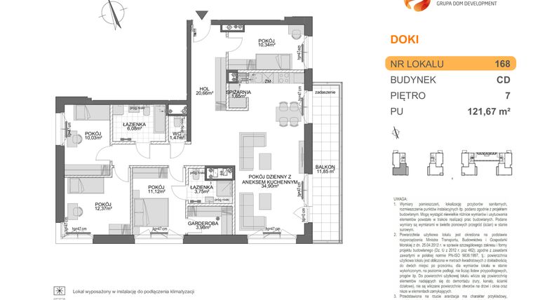 Rzut - Mieszkanie na sprzedaż 5 pokoi o powierzchni 121,48 m² - numer CD.168 w DOKI