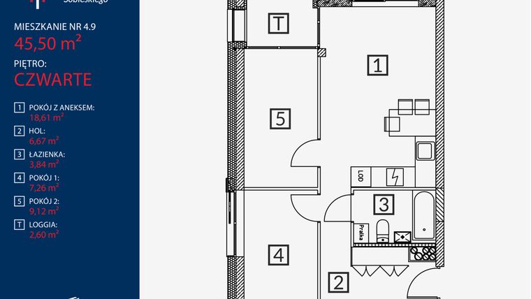 Rzut - Mieszkanie na sprzedaż 3 pokoje o powierzchni 45,5 m² - numer B2.M.4.9 w Tarasy Sobieskiego