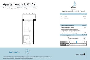 Rzut - Mieszkanie na sprzedaż 1 pokój o powierzchni 32,69 m² - numer B.01.12 w Wave Świnoujście Thermal & Spa
