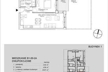 Rzut - Mieszkanie na sprzedaż 2 pokoje o powierzchni 43,11 m² - numer B1-00-2A w Francuska Park IX