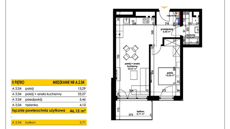 Rzut - Mieszkanie na sprzedaż 2 pokoje o powierzchni 46,15 m² - numer A 2.04 w Park Moniuszki II C