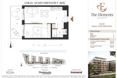 Rzut - Mieszkanie na sprzedaż 2 pokoje o powierzchni 38,23 m² - numer B4102 w The Elements Resort
