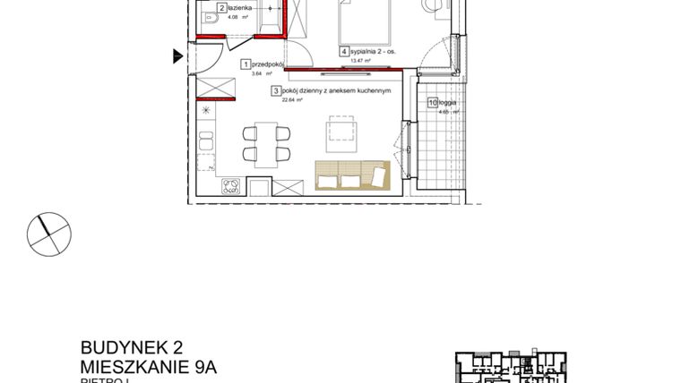 Rzut - Mieszkanie na sprzedaż 2 pokoje o powierzchni 45,12 m² - numer B2.A.1.009 w Apartamenty Karolinki