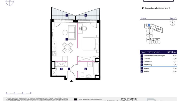 Rzut - Mieszkanie na sprzedaż 1 pokój o powierzchni 38,1 m² - numer 15/65 w Osiedle Neonowe