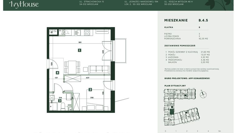 Rzut - Mieszkanie na sprzedaż 2 pokoje o powierzchni 42,35 m² - numer B.4.5 w IVY HOUSE
