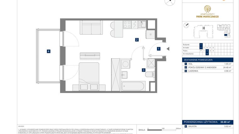Rzut - Mieszkanie na sprzedaż 1 pokój o powierzchni 30,69 m² - numer I9 w Apartamenty Park Matecznego Etap 2.2
