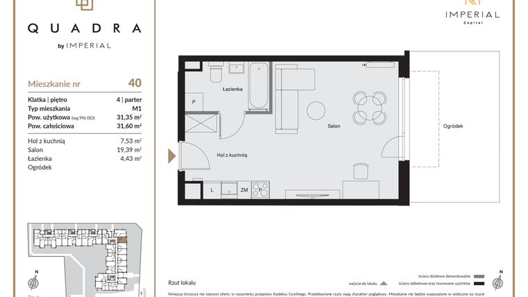 Rzut - Mieszkanie na sprzedaż 1 pokój o powierzchni 31,35 m² - numer 40 w QUADRA