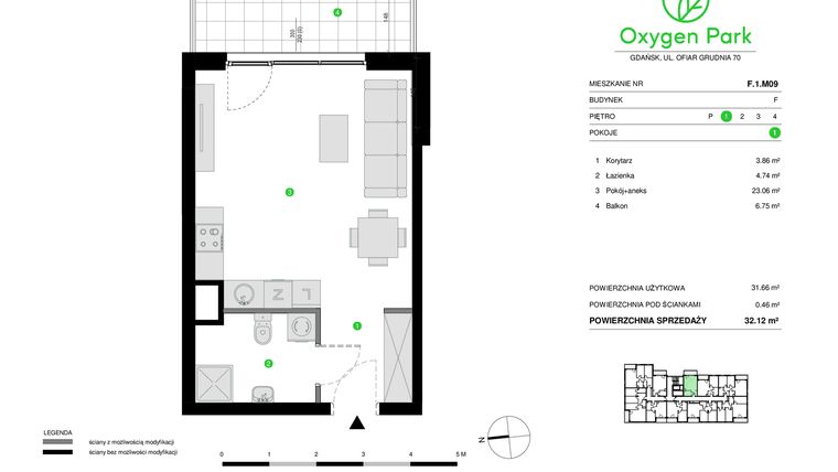 Rzut - Mieszkanie na sprzedaż 1 pokój o powierzchni 32,12 m² - numer F.1.M09 w Oxygen Park etap III