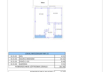 Rzut - Mieszkanie na sprzedaż 2 pokoje o powierzchni 30,78 m² - numer B.15 w Gaja Park