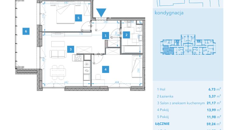 Rzut - Mieszkanie na sprzedaż 3 pokoje o powierzchni 59,24 m² - numer 12 w Apartamenty Macadamia