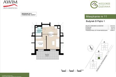 Rzut - Mieszkanie na sprzedaż 2 pokoje o powierzchni 36,09 m² - numer B11 w Wzgórze Gustawa